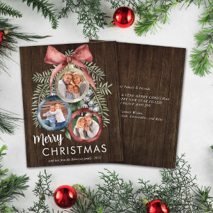Budget Rustic Wood 3 Photo Christmas Ornament Card