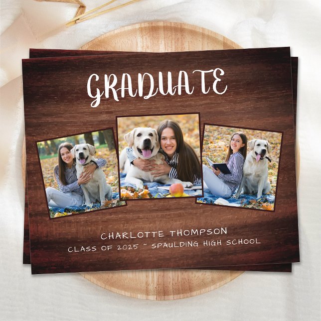 Budget Rustic Wood 3 Photo Graduation Announcement (Creator Uploaded)