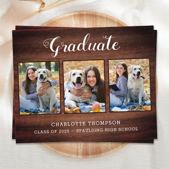 Budget Rustic Wood 3 Photo Graduation Invitation (Creator Uploaded)