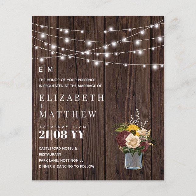 Budget Rustic Wood Burgundy Yellow Wedding Invites (Front)