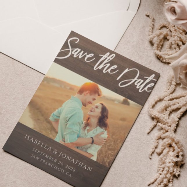 Budget Rustic Wood Grain Photo Save The Date Card (Creator Uploaded)