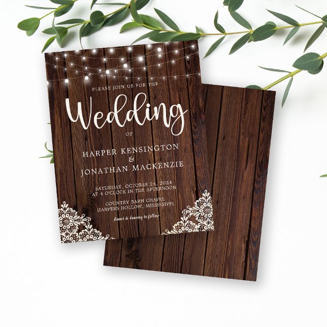 Budget Rustic Wood Lace String Lights Wedding (Rustic Wood Lace and String Lights Budget Wedding Invitation)