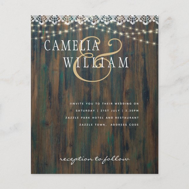 BUDGET RUSTIC WOOD LIGHTS LACE Wedding Invite Flyer (Front)