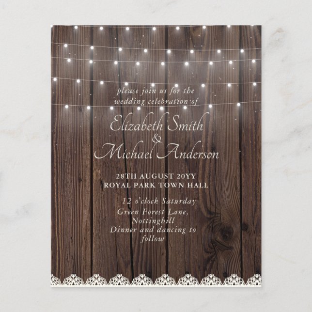 Budget Rustic  Wood Lights Lace Wedding Invites (Front)