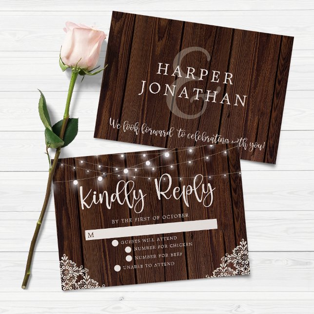 BUDGET Rustic Wood Lights Lace Wedding RSVP Card (Creator Uploaded)