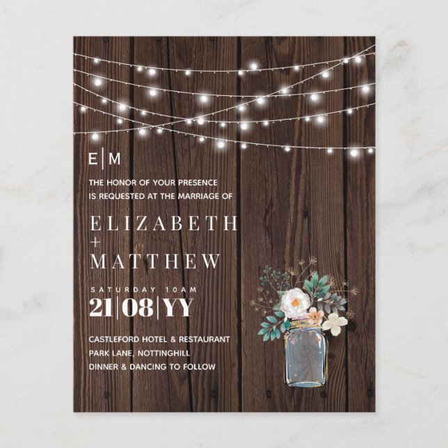 Budget Rustic Wood Mason Jar Lights Wedding Invite (Front)