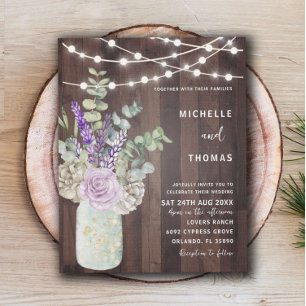 Budget Rustic Wood Mason Jar Wedding Invitation