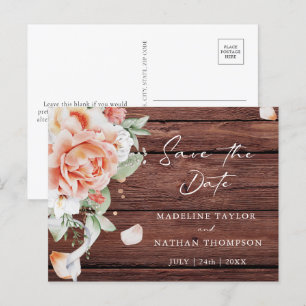 Budget Rustic Wood & Peach Floral Save the Date Announcement Postcard