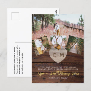 Budget Rustic Wood Photo Collage Engraved Hearts  Postcard