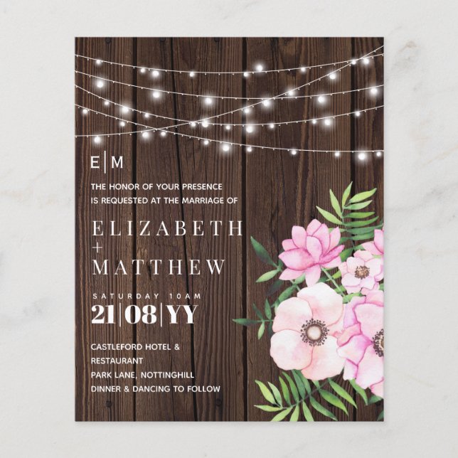 Budget Rustic Wood Pink Flowers Wedding Invites (Front)