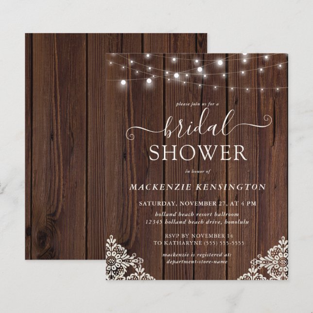 BUDGET Rustic Wood String Light Lace Bridal Shower (Front/Back)
