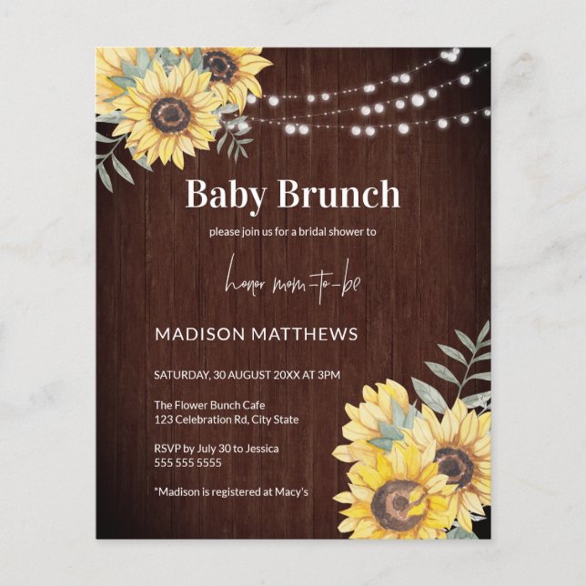 Budget Rustic Wood Sunflower Baby Shower Invite Flyer (Front)