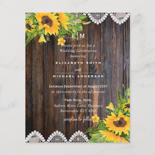 BUDGET Rustic Wood Sunflowers Lace Wedding Invites (Front)