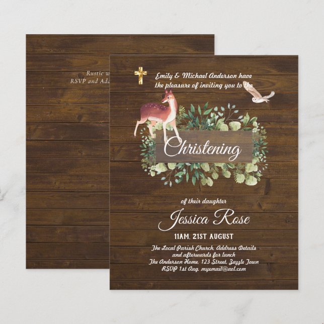 BUDGET Rustic Woodland Christening Invite Baptism  (Front/Back)