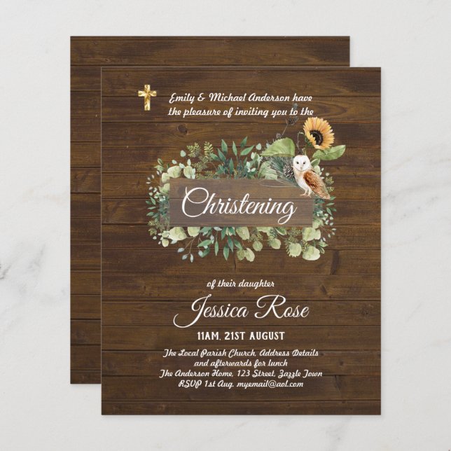 BUDGET Rustic Woodland Christening Invite Baptism  (Front/Back)