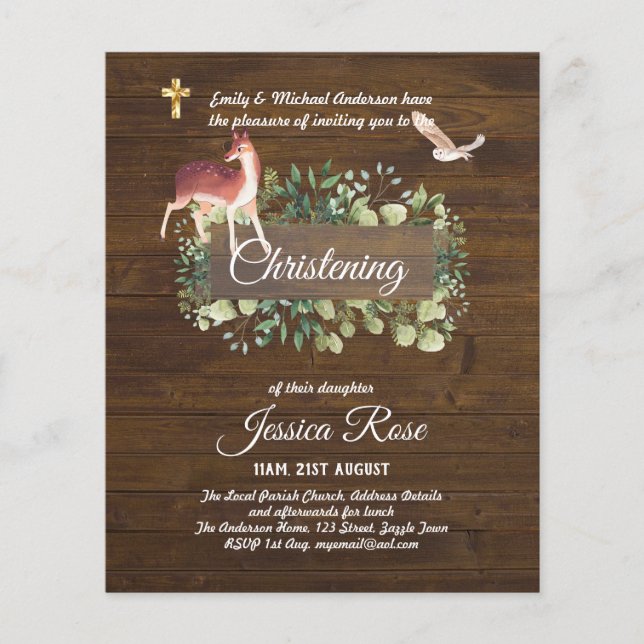 BUDGET Rustic Woodland Christening Invite Baptism  Flyer (Front)