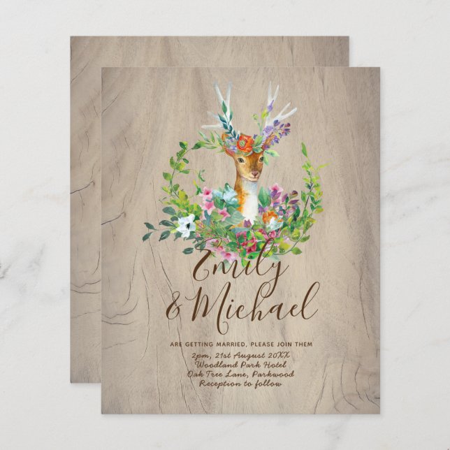 Budget Rustic Woodland Deer Floral Wedding Invites (Front/Back)
