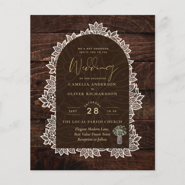 BUDGET Rustic Woodland Wedding Wood Lace INVITE Flyer (Front)