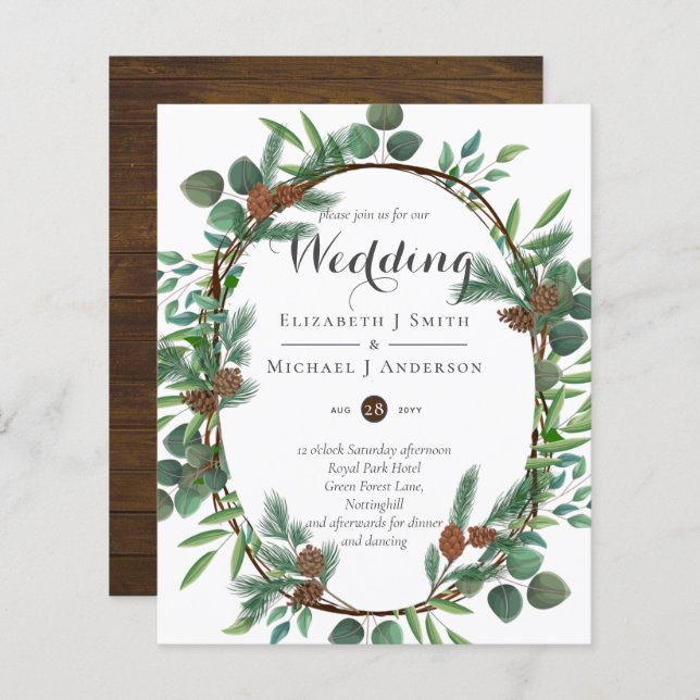 Budget Rustic Woodland Wreath Wedding Invites (Front/Back)