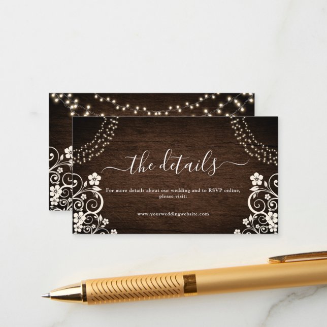 Budget Rustic Woodsy Lights Wood Wedding Details Enclosure Card (Front/Back In Situ)