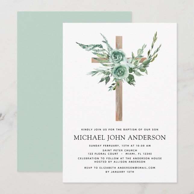 Budget Sage Eucalyptus Baptême Vert Invitation (Devant / Derrière)