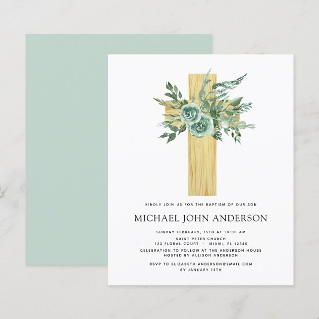 Budget Sage Eucalyptus Baptism Greenery Invitation (Front/Back)