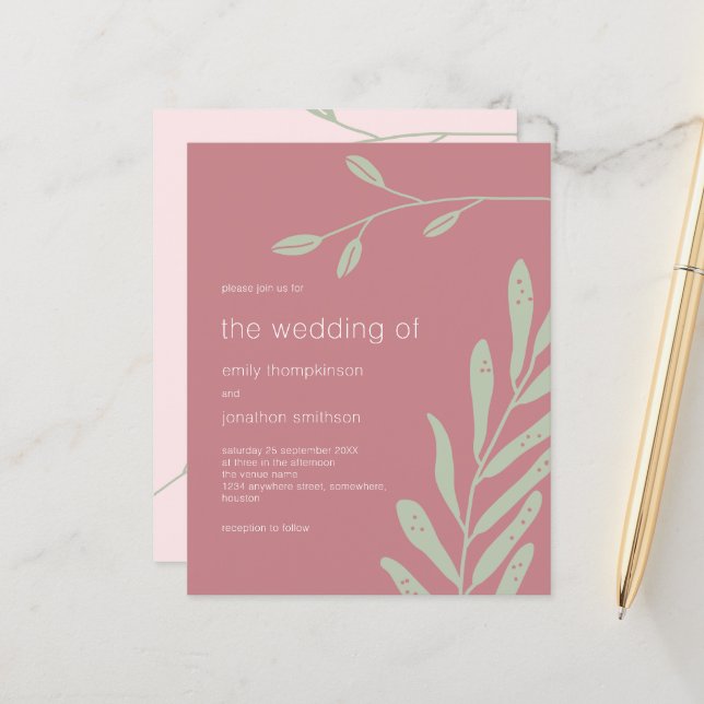 Budget Sage Foliage Dusty Rose Wedding Invitation (Front/Back In Situ)
