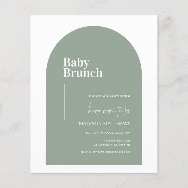Budget Sage Green Arch Baby Brunch Baby Shower Flyer (Front)