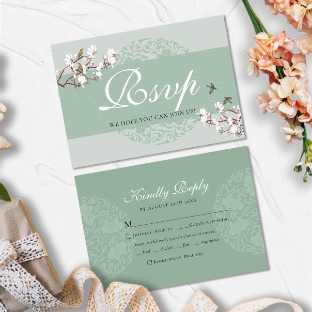 BUDGET Sage Green Chinoiserie Chic Wedding RSVP No Card (Creator Uploaded)