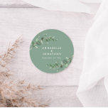 Budget sage green eucalyptus foliage wedding favou classic round sticker<br><div class="desc">Beautiful delicate eucalyptus foliage wedding favour sticker design. Modern elegant on trend sage green,  black,  navy blue and white stylish contemporary rustic collection. Ideal for spring,  summer,  fall,  autumn or winter weddings.</div>