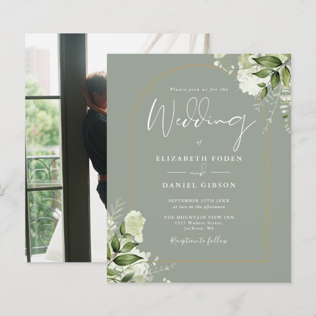 Budget Sage Green Floral Arch Photo Wedding Invite (Front/Back)