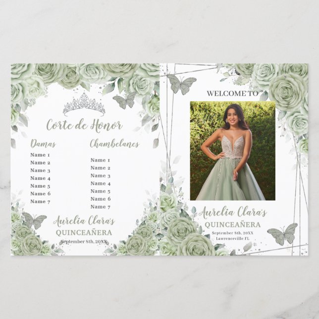 Budget Sage Green Floral Quinceanera Photo Program (Front)