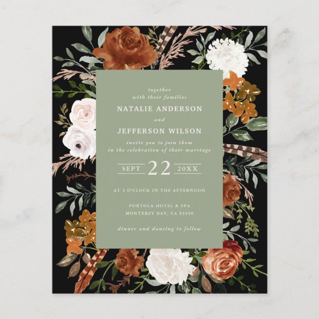 Budget sage green floral wedding details invite flyer (Front)