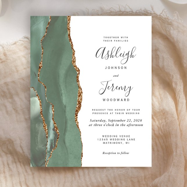 Budget Sage Green Gold Agate Wedding Invitation (Creator Uploaded)