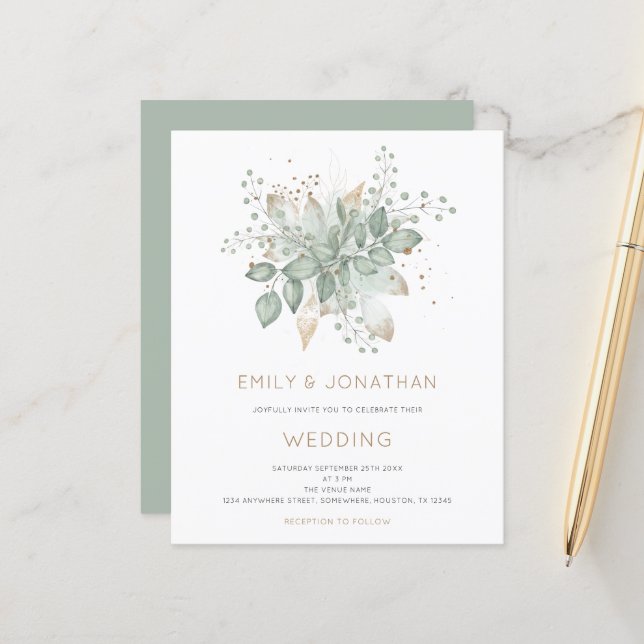 Budget Sage Green Gold Foliage Wedding Invitation (Front/Back In Situ)