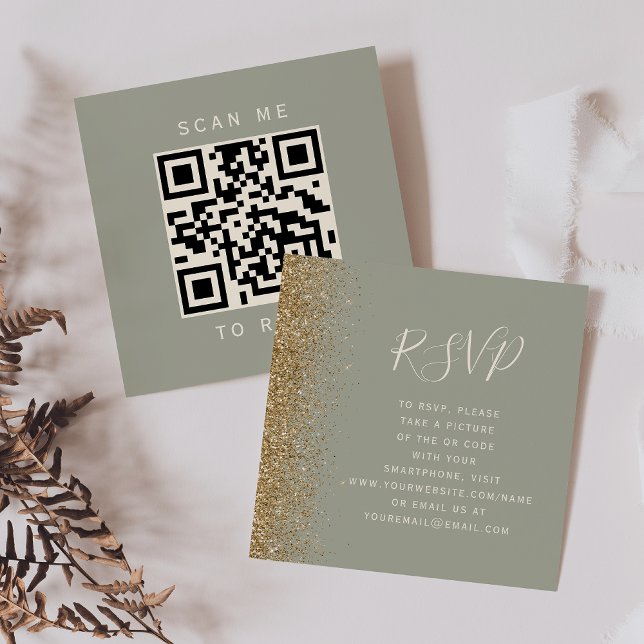 Budget Sage Green Gold Wedding QR Code RSVP Enclosure Card (Creator Uploaded)