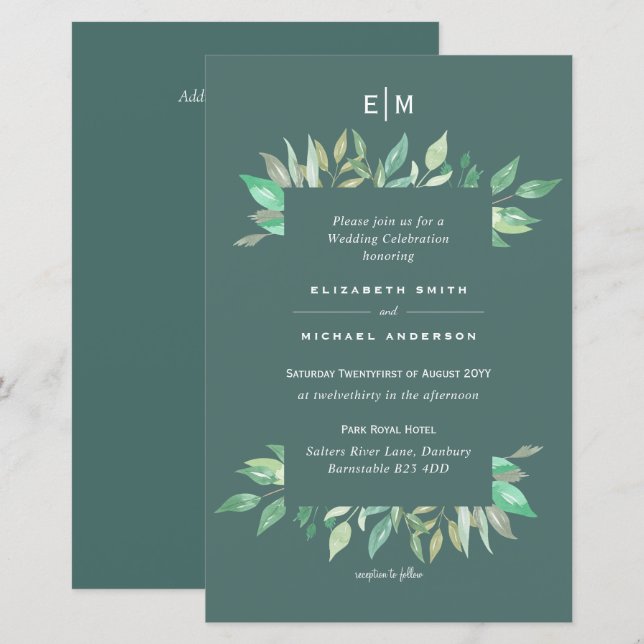 BUDGET Sage Green Greenery Leaves Wedding Invite (Front/Back)