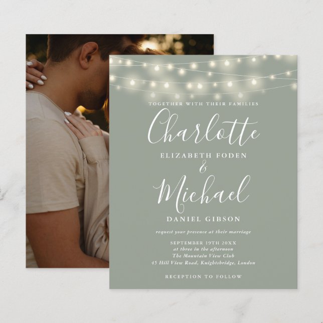 Budget Sage Green Lights Photo Wedding Invitation (Front/Back)