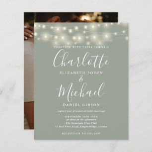 Budget Sage Green Lights Photo Wedding Invitation