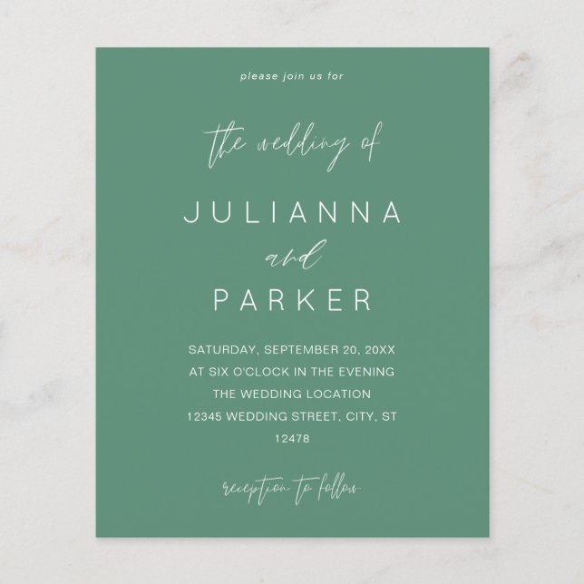 Budget Sage Green MOD Calligraphy Wedding Flyer (Front)
