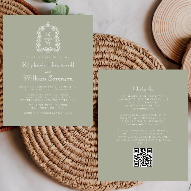 Budget Sage Green Monogram Crest QR Code Wedding (Creator Uploaded)