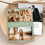 Budget Sage Green Photo Collage Wedding Thank You<br><div class="desc">Budget, Modern, Elegant, Hand Lettered Wedding Sage Green (3) Three Photo Collage Thank You Cards. Stylish wedding thank you card template featuring three photo on the front and one photo on the back. With the text "Love and thanks" in a swirly handwritten typography script font with swashes in black colour...</div>