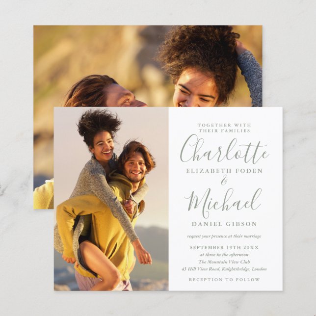 Budget Sage Green Script Photo Wedding Invitation (Front/Back)
