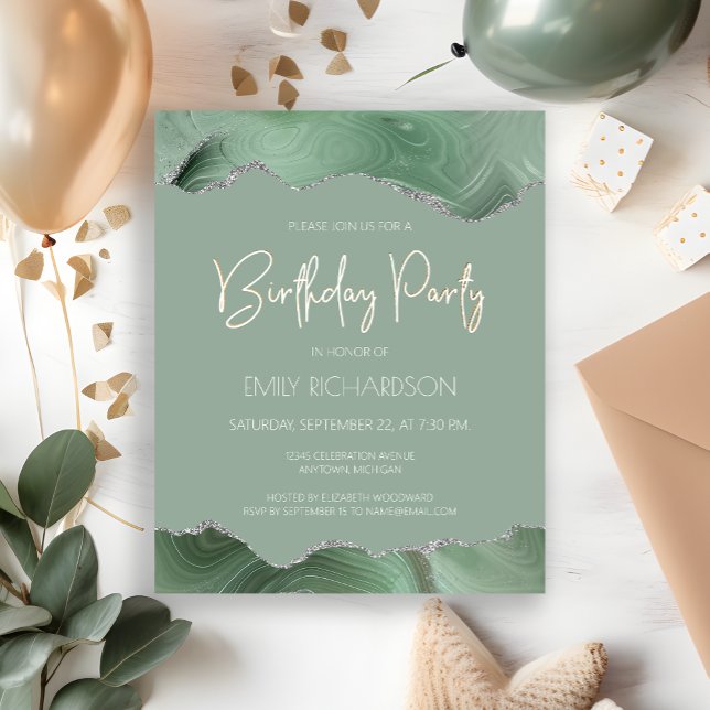 Budget Sage Green Silver Agate Birthday Invitation (Creator Uploaded)