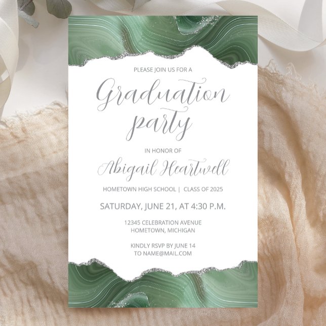 Budget Sage Green Silver Agate Grad Party Invite (Creator Uploaded)