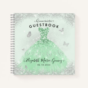 Budget Sage Green Silver Quinceanera Guestbook Notebook