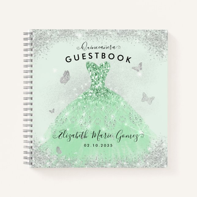 Budget Sage Green Silver Quinceanera Livre d'or (Devant)