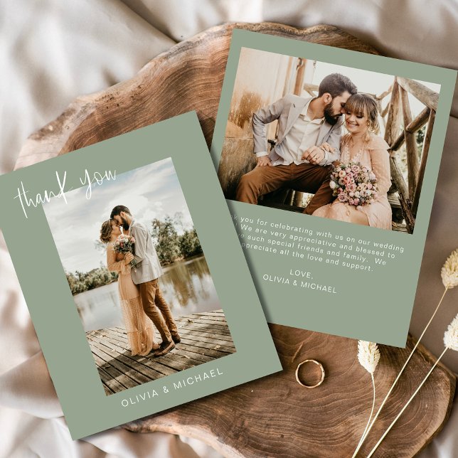 Budget Sage Green Wedding Photo Thank You Card (Creator Uploaded)