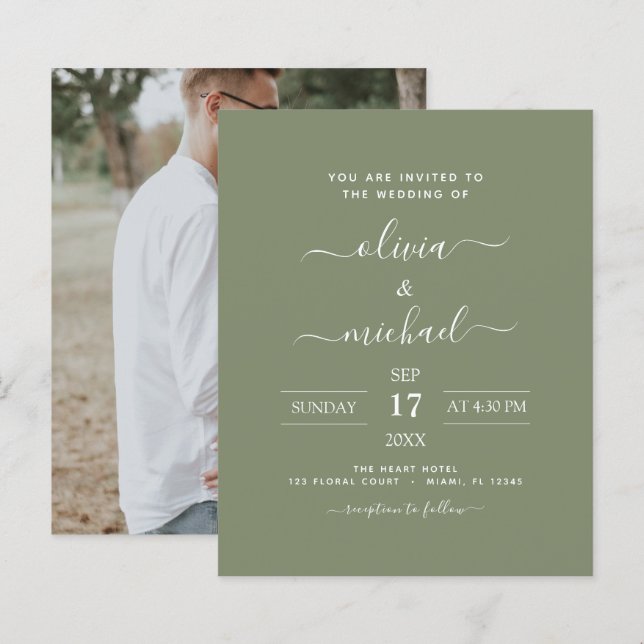 Budget Sage Green Wedding with Photo Invitation (Front/Back)