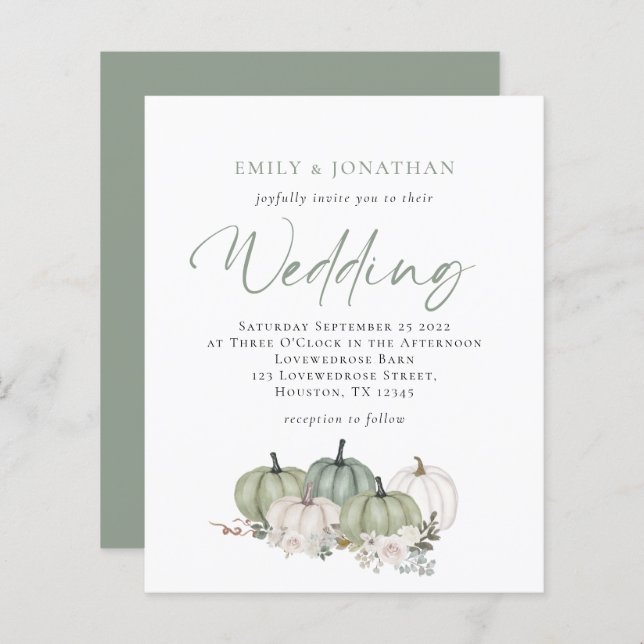 Budget Sage Pumpkins Florals Wedding Invite (Front/Back)